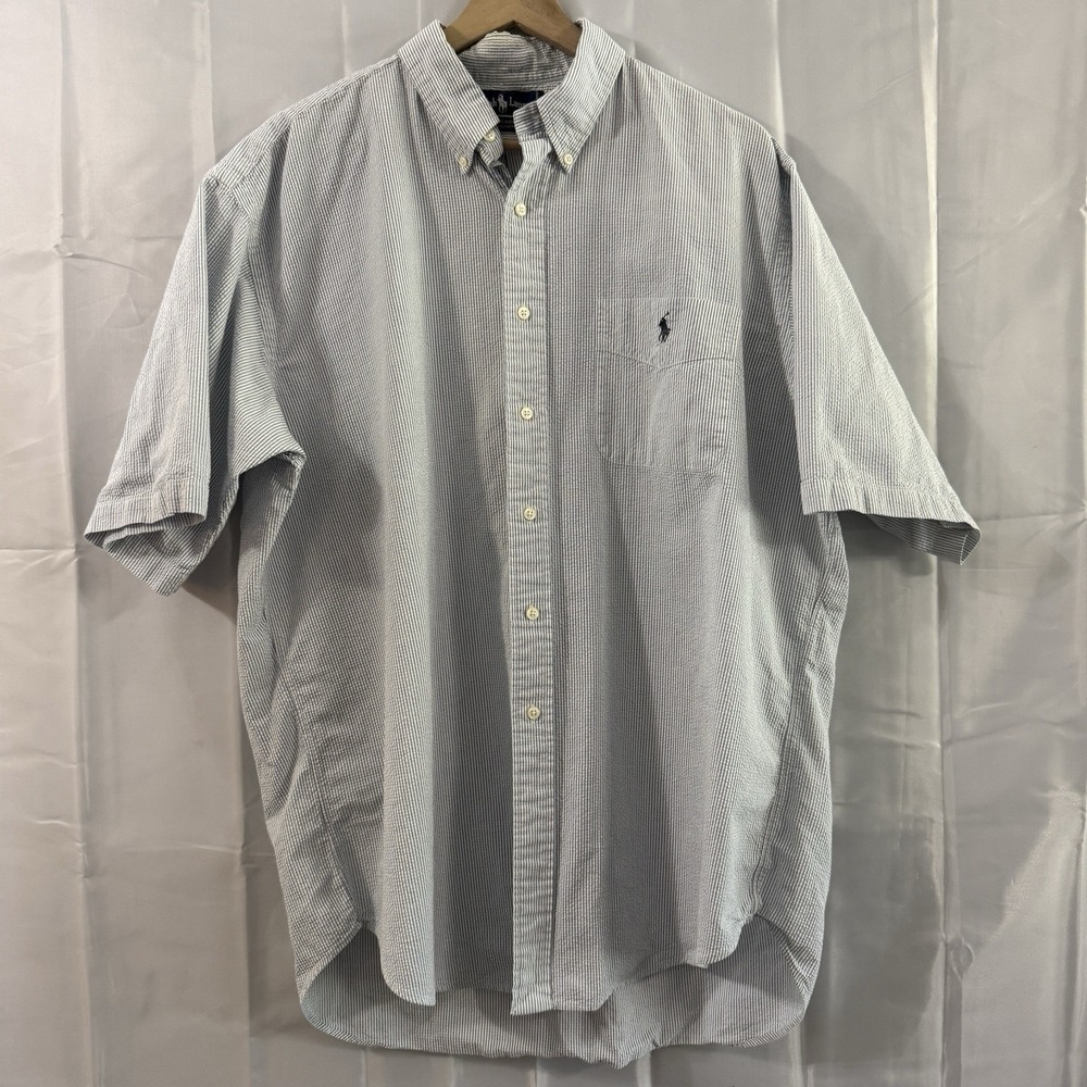 Vintage Ralph Lauren Shirt Mens Blue Striped Seersucker Blaire XL Short Sleeve
